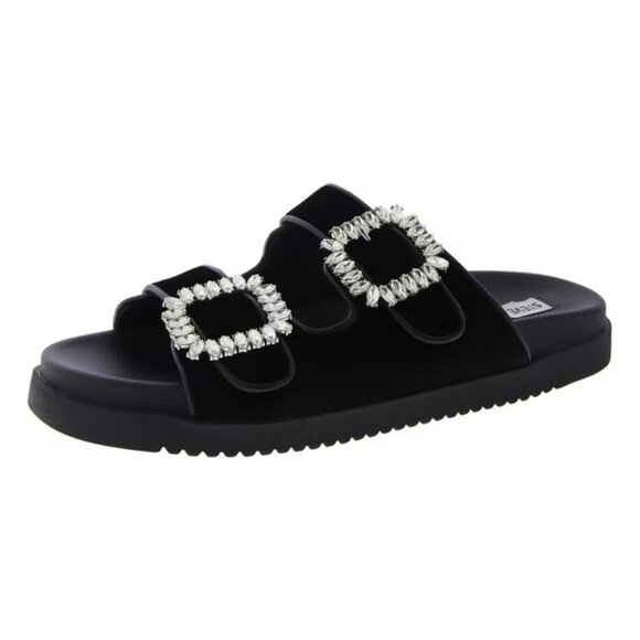 STEVE MADDEN Women's MYSTIK Black Velvet Crystal Buckle Slide Sandals 8 - Picture 1 of 6